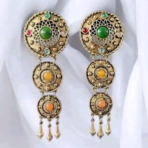 Vintage Signed Etruscan Revival Runway Clip-On Earrings Multi Cabochon Chunky